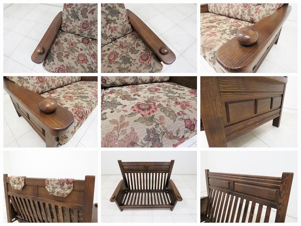 葉山ガーデン 2人掛けソファ オーク無垢材 花柄 ファブリック 検三越ダニエル