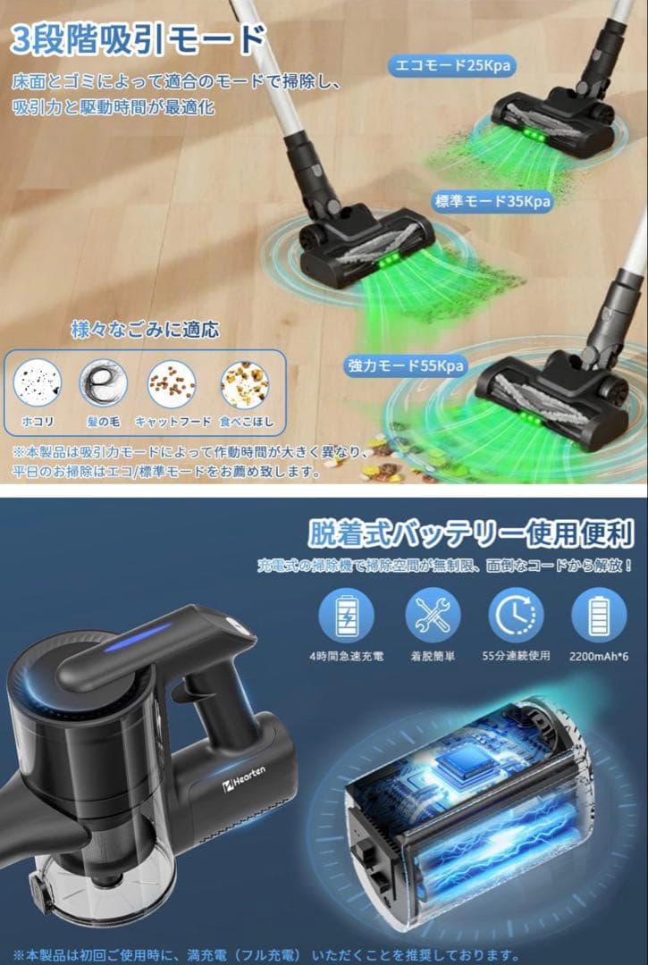 コードレス掃除機 55,000Pa強力吸引自立式LEDサイクロン ハンディ対応