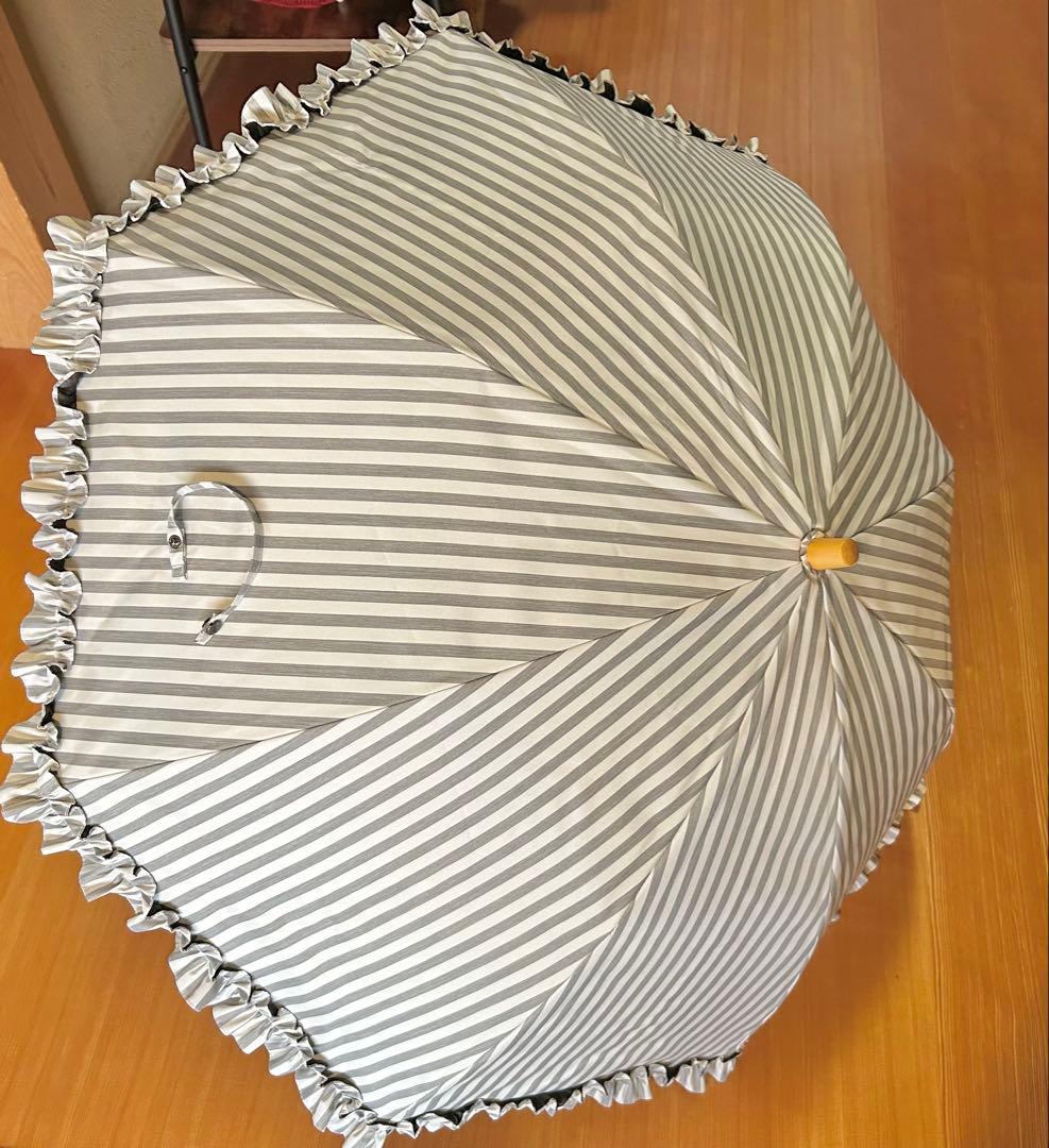 サンバリア100 日傘 2段折 フリル ストライプ グレー