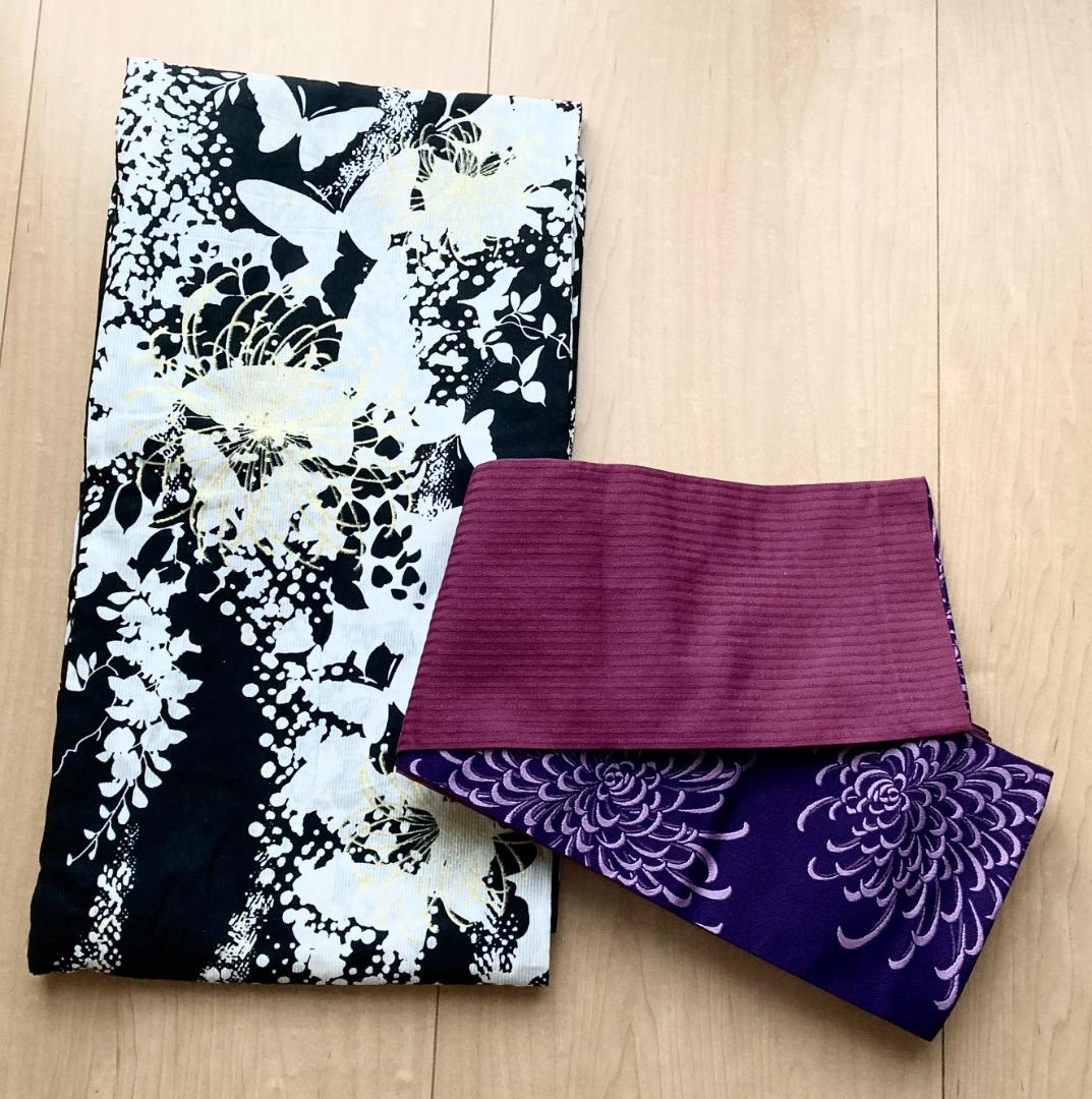 ☆美品☆ レディース浴衣 帯 白地 黒模様 金刺繡　2点セット