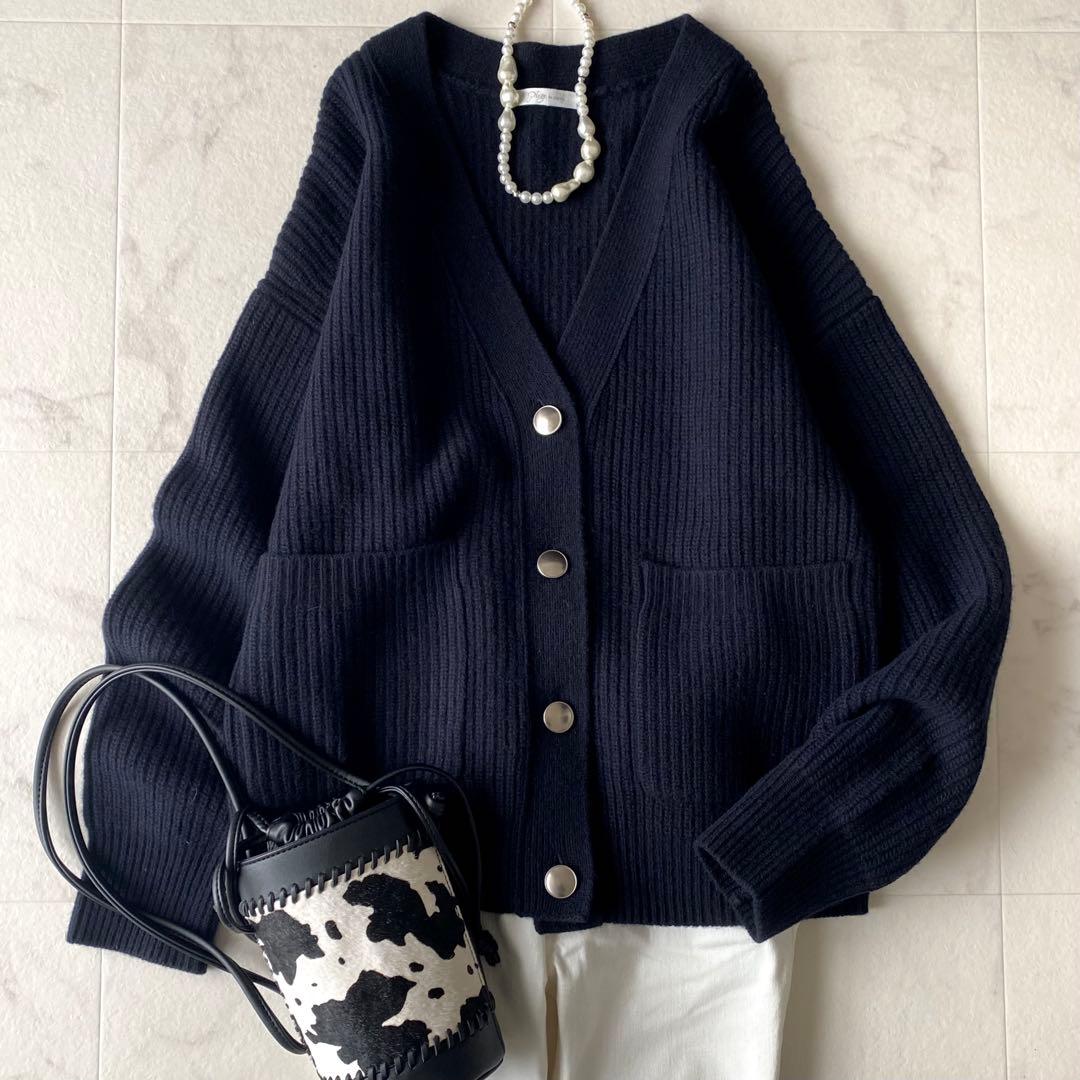 美品.定価2.5万☆プラージュ カシミア 畔編み Vネックカーディガン 濃紺