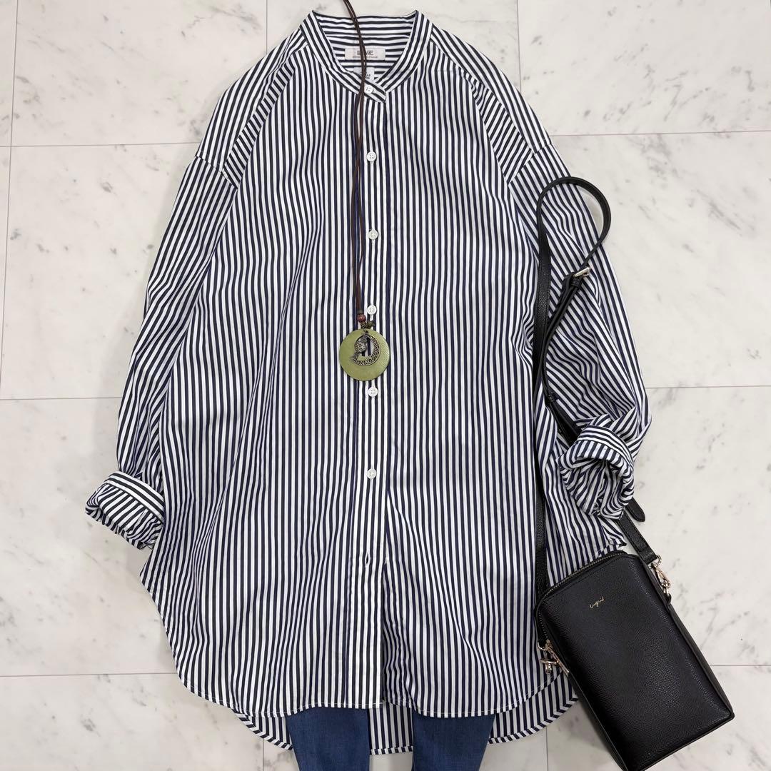 美品♪レサージュ　THOMAS MASONスタンドカラーシャツ　ネイビー　紺×白