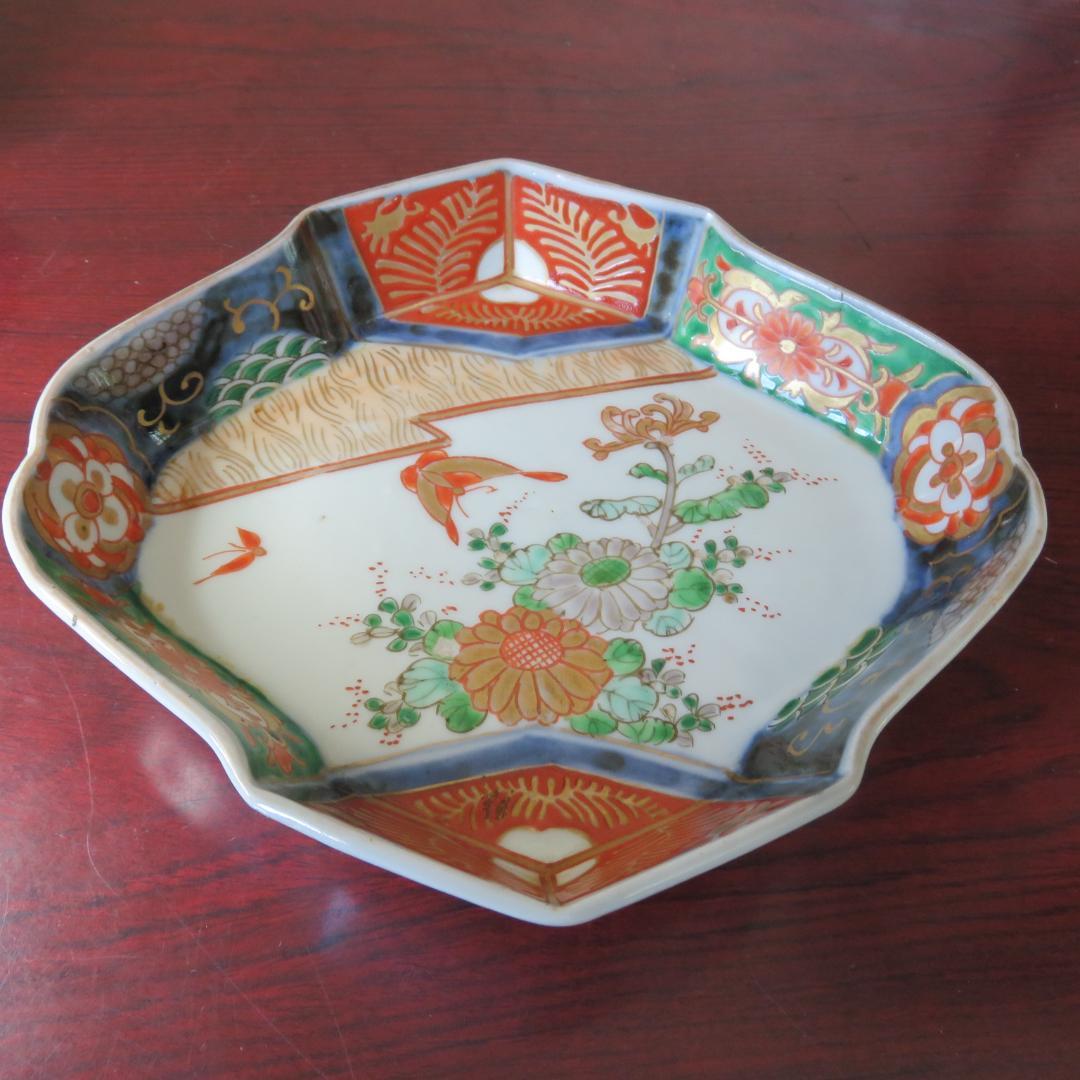 変形皿 蝶 菊 色絵付け 九谷 古伊万里 金彩 5枚組