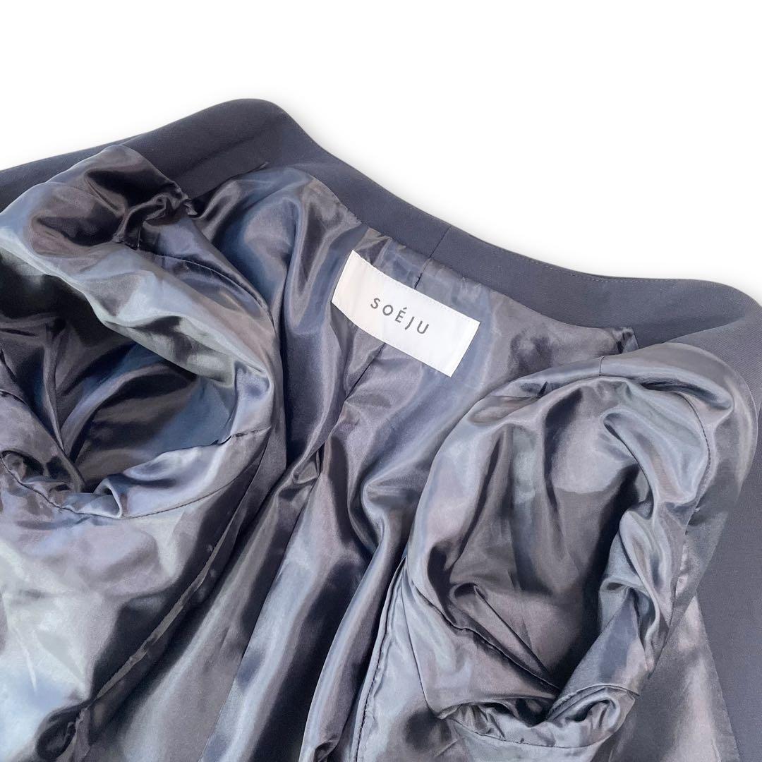 極美品✨SOÉJU ロングノーカラージャケット ネイビー ストレッチ L 濃紺