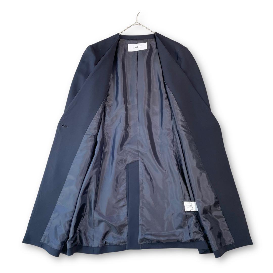 極美品✨SOÉJU ロングノーカラージャケット ネイビー ストレッチ L 濃紺