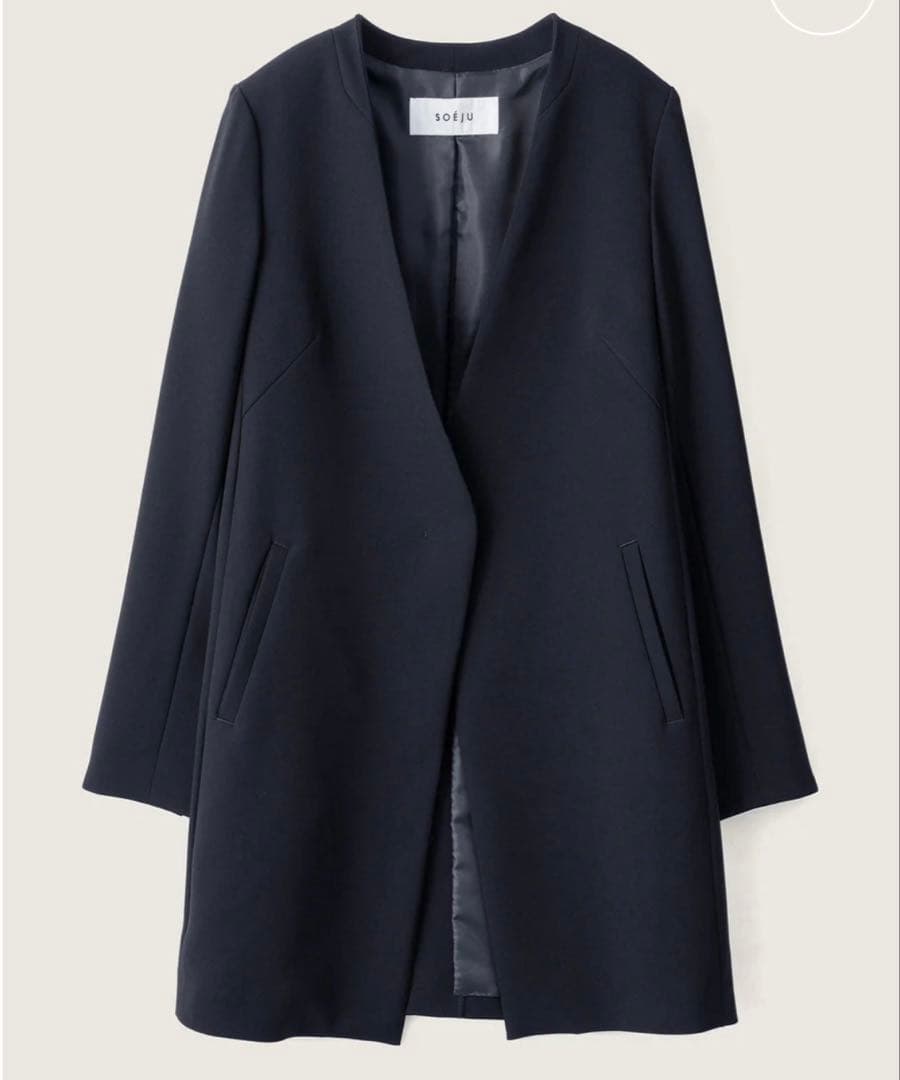 極美品✨SOÉJU ロングノーカラージャケット ネイビー ストレッチ L 濃紺
