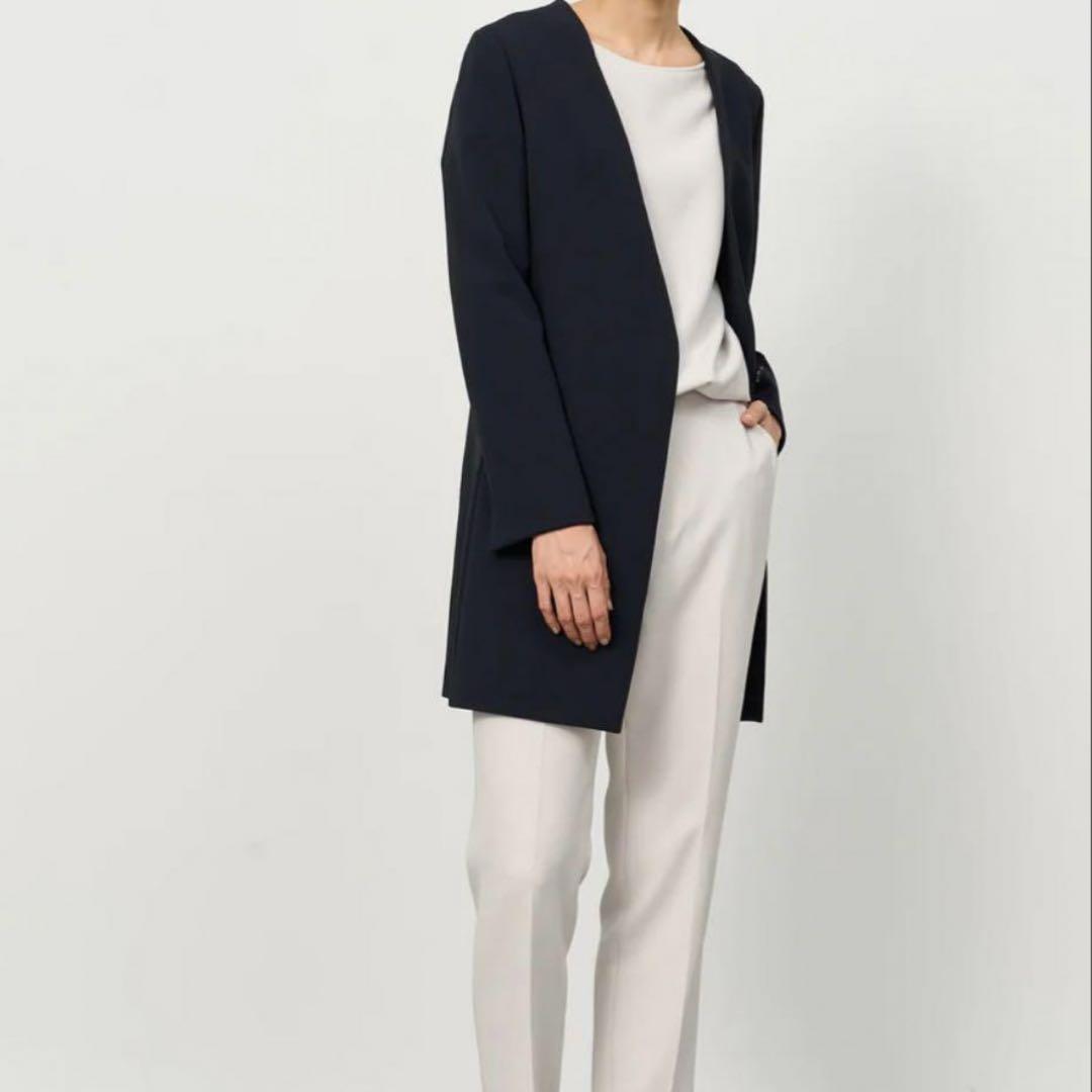 極美品✨SOÉJU ロングノーカラージャケット ネイビー ストレッチ L 濃紺