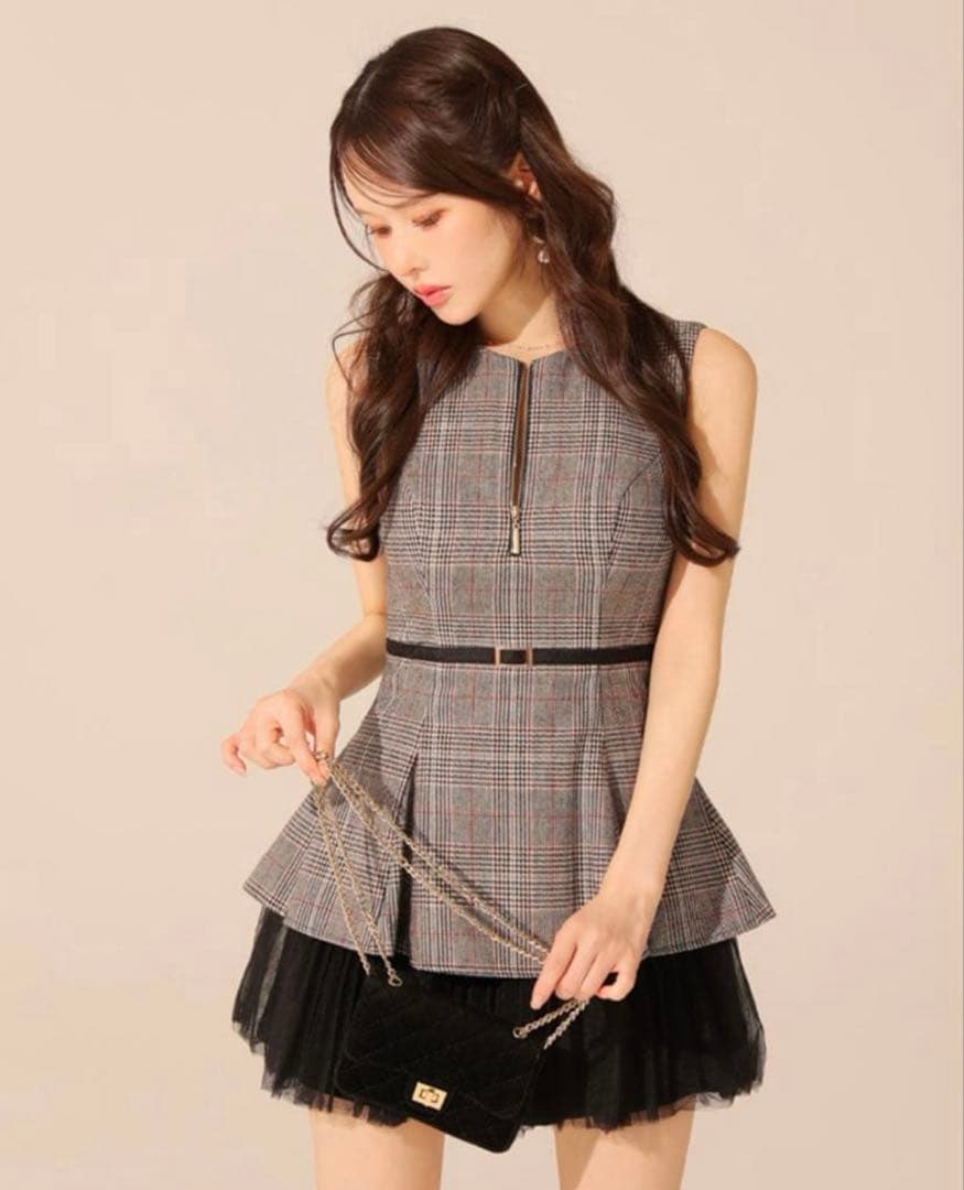 チェック柄ペプラムドレス グレー ブラック