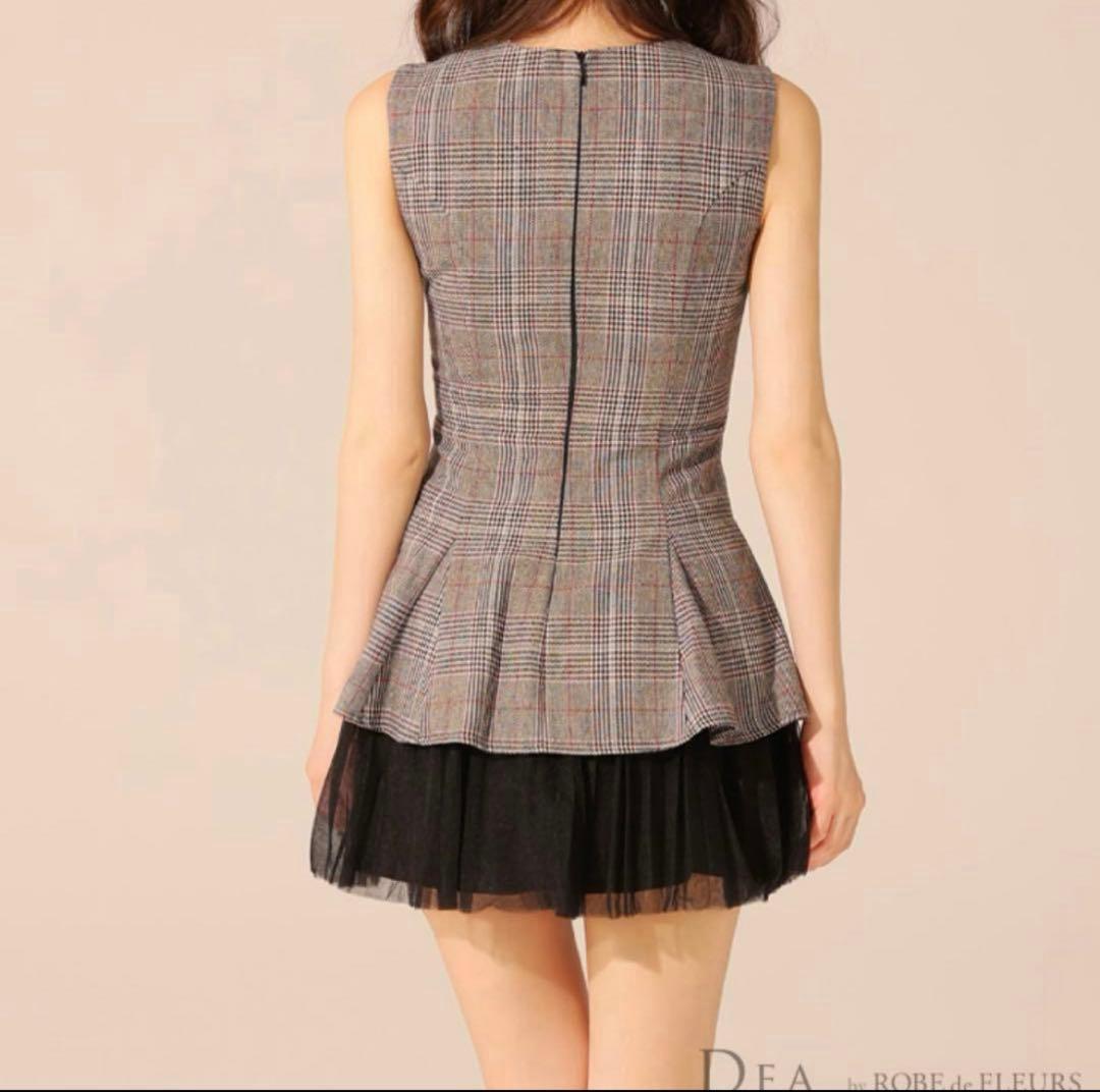 チェック柄ペプラムドレス グレー ブラック