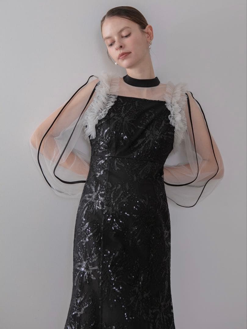 フラワースパンコールチュールフリルロングスリーブマーメイドワンピースドレス結婚式