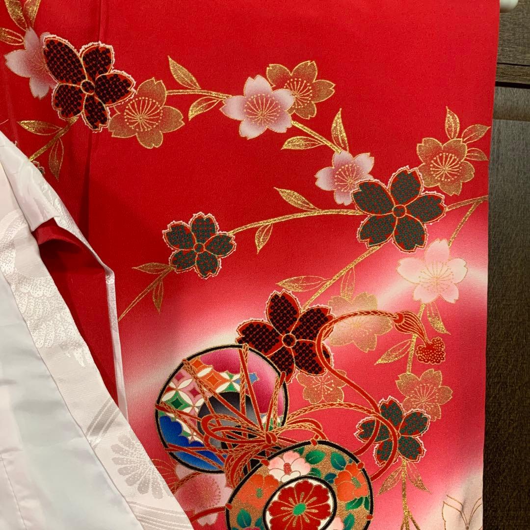 赤とピンクのグラデーション鼓模様お宮参り着物（内袖・長襦袢）