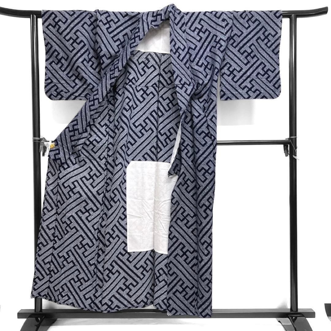 浴衣　有松鳴海絞り　紗綾形　鹿の子　藍染　ネイビー　着物　063a d