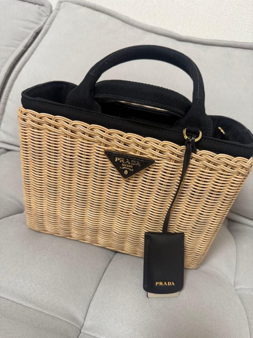 PRADA ラタン トートバッグ ベージュ/ブラック