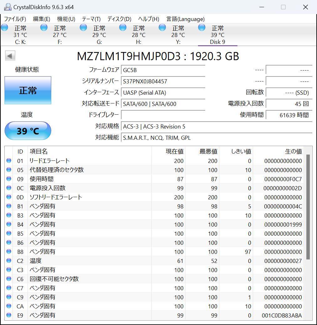 ①SAMSUNG 2.5インチSSD 1.92TB MZ-7LM1T9B 動作品