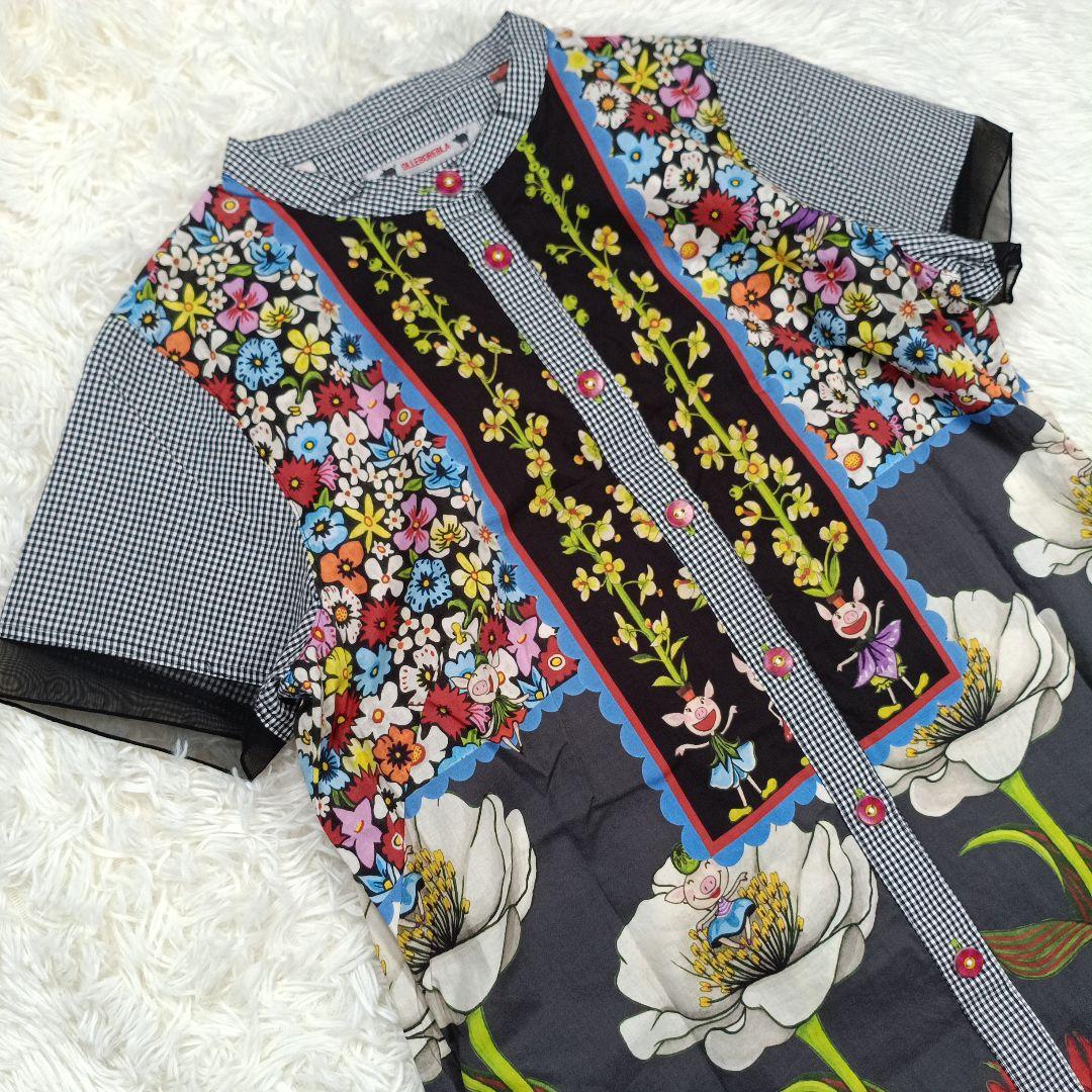 近年 美品✨アルベロベロ ぶたさん おやゆび姫 花柄シャツワンピース　シフォン