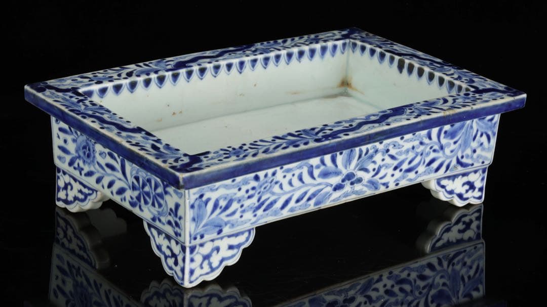 古伊万里 染付花唐草文 雲足 四方水盤 幅31㎝ 盆栽鉢 水石鉢 古美術 骨董品