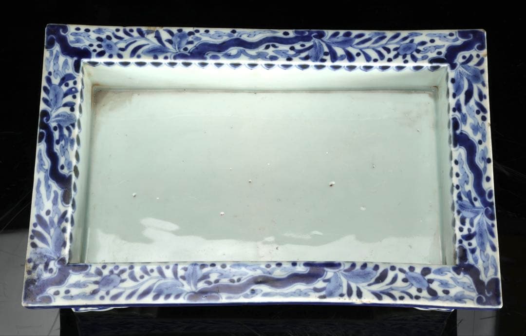 古伊万里 染付花唐草文 雲足 四方水盤 幅31㎝ 盆栽鉢 水石鉢 古美術 骨董品