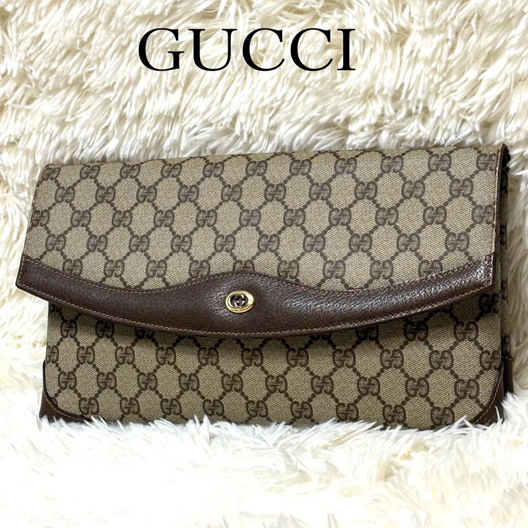 美品　GUCCI クラッチバッグ GG レザー ロゴ ベージュ ブラウン 金