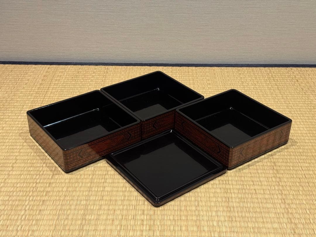讃岐漆器 筒井隆之 造 蒟醤塗 三段重箱 伝統工芸 讃岐 香川漆器 茶懐石道具