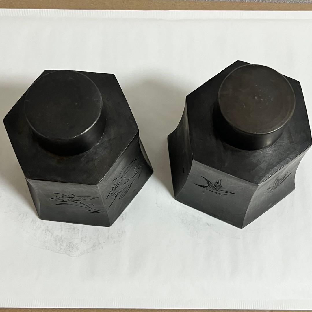 時代物 唐物 在銘 点銅 錫 茶心壺 茶入一対 煎茶道具 旧家蔵出