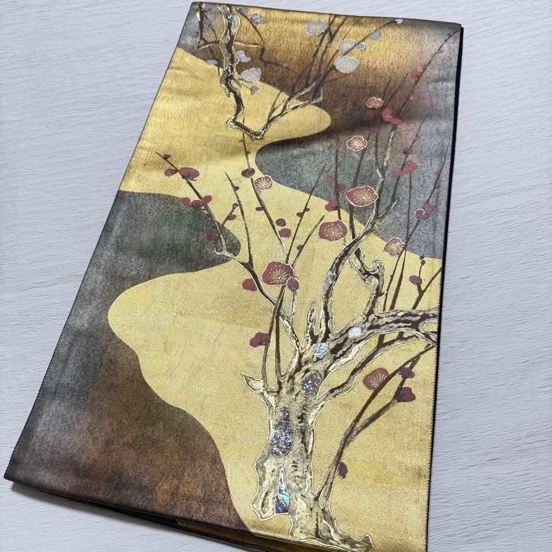 m-75 螺鈿細工 枝梅 袋帯 正絹