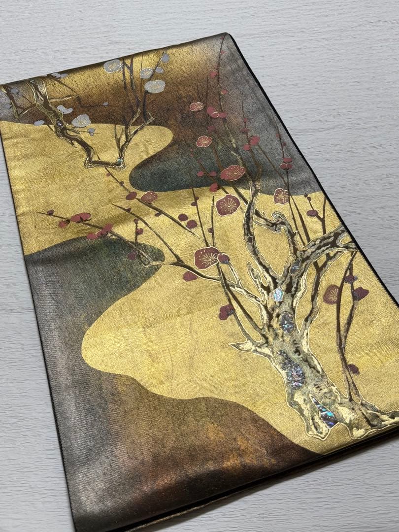 m-75 螺鈿細工 枝梅 袋帯 正絹