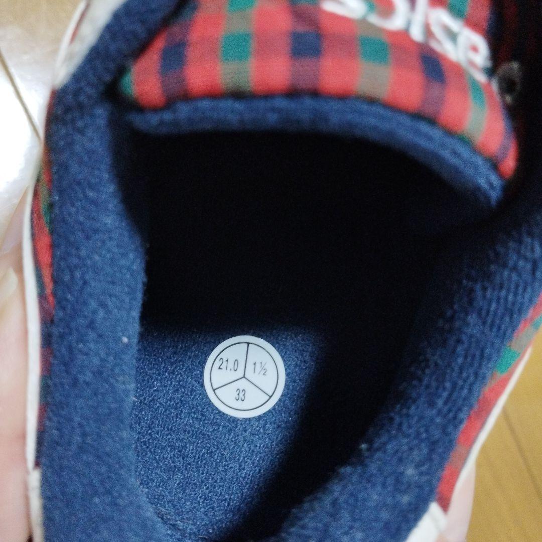 美品ファミリア　アシックス　コラボ靴　21 赤チェック柄　キッズスニーカー