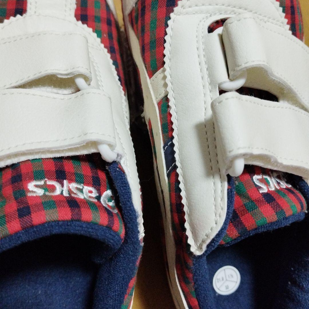 美品ファミリア　アシックス　コラボ靴　21 赤チェック柄　キッズスニーカー