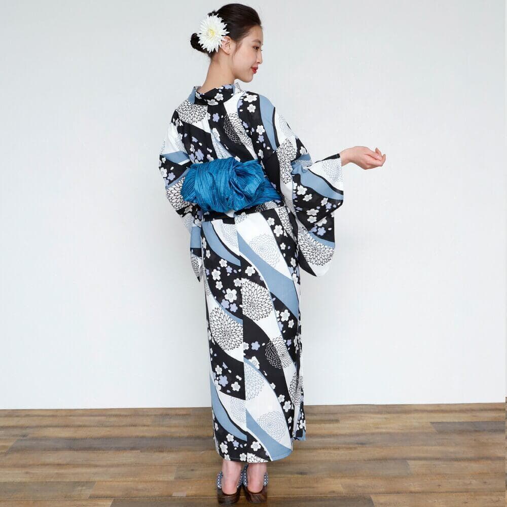 ◆ノー皺加工最高級カルキュロ◆黒菊桜モダン浴衣◆しわにならない浴衣◆新品未使用