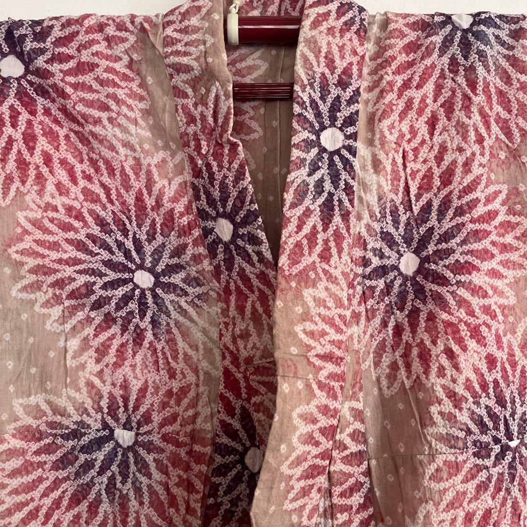 極上の着心地【有松鳴海絞り】浴衣　大輪菊　グレージュに臙脂　大人の夏着物