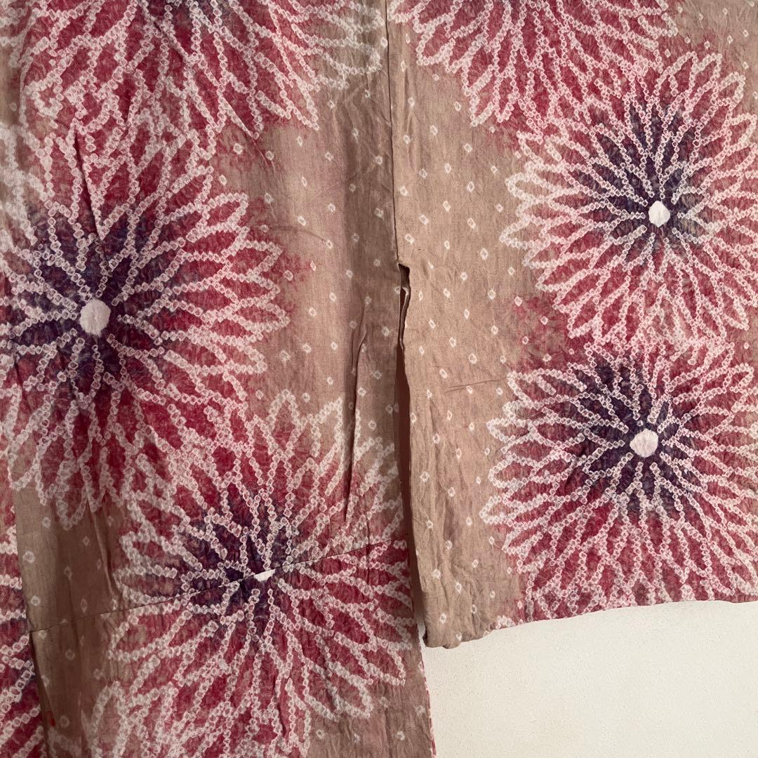 極上の着心地【有松鳴海絞り】浴衣　大輪菊　グレージュに臙脂　大人の夏着物