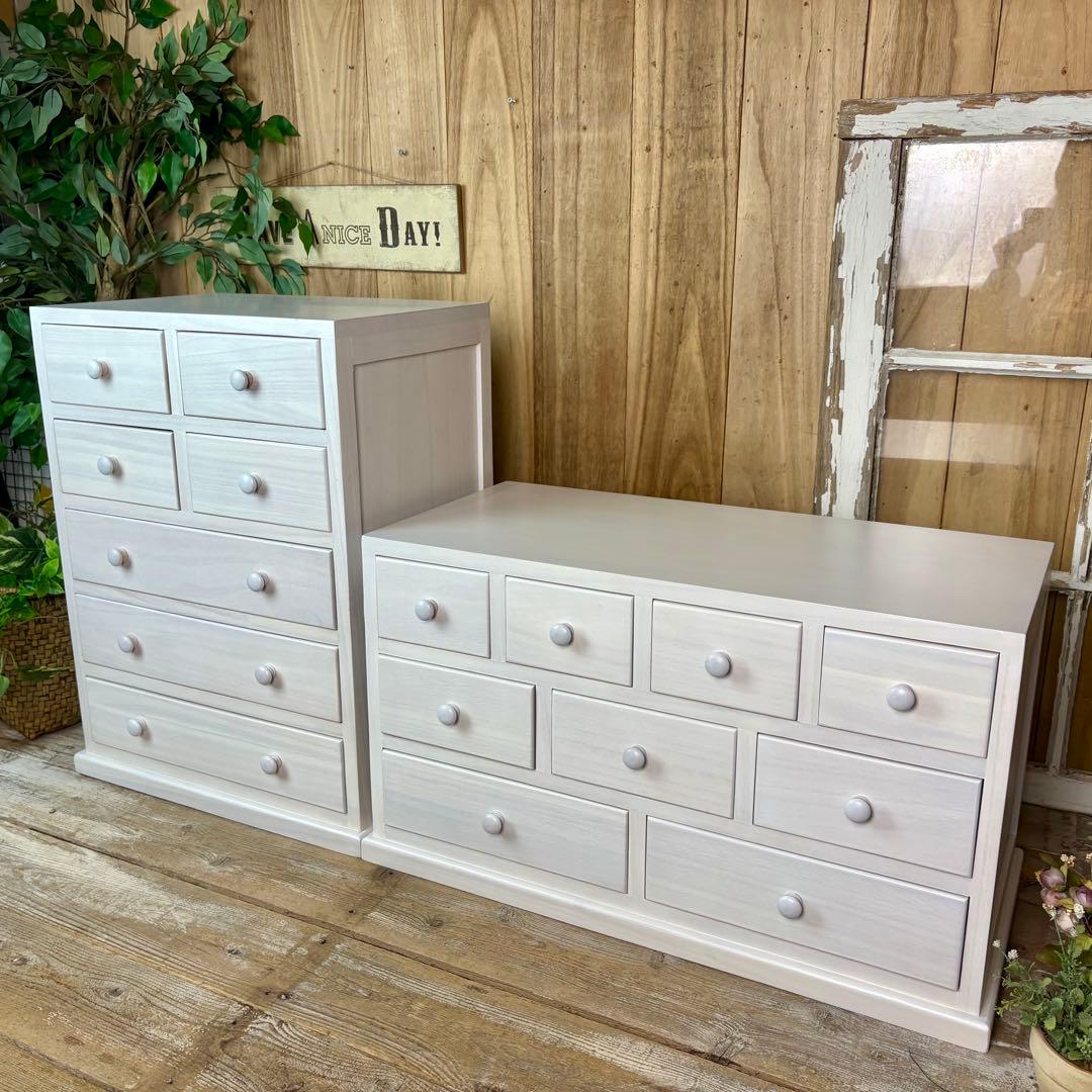 大幅値下げセール中！木製多引き出し桐チェストタンスホワイト二点セット収納家具