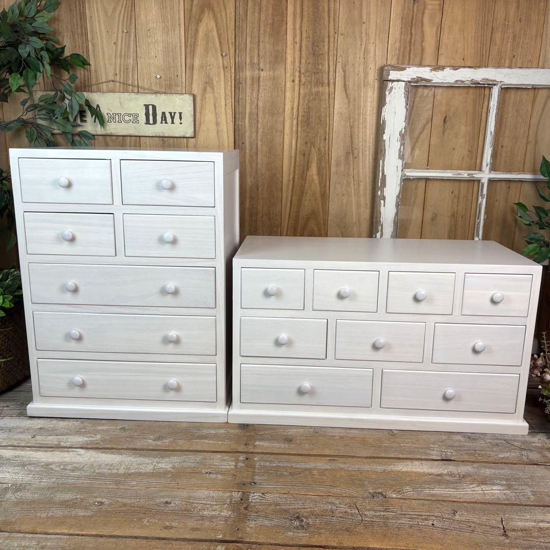 大幅値下げセール中！木製多引き出し桐チェストタンスホワイト二点セット収納家具