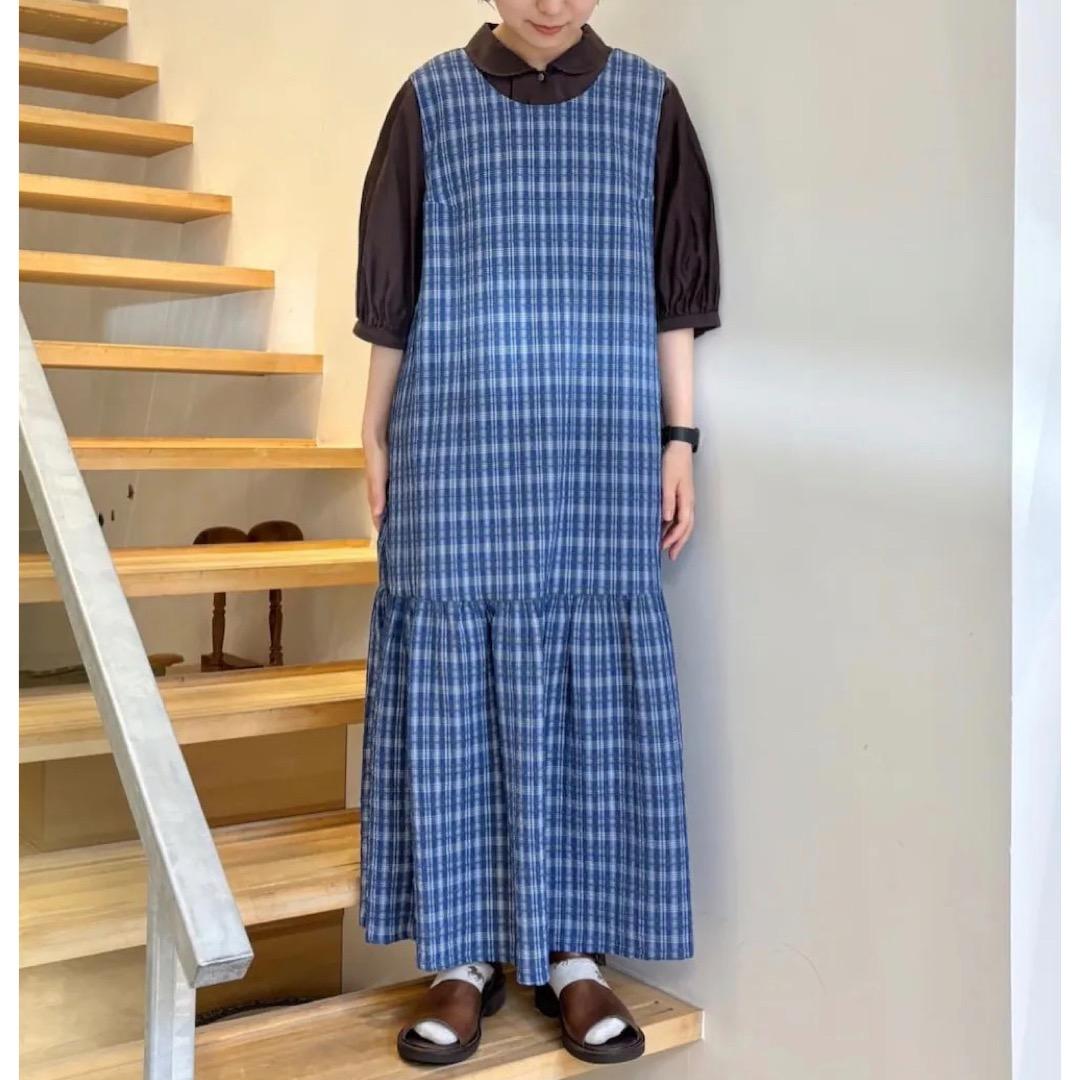 美品 ビュルデサボン 2025SS ジャカード CHECK ワンピース ブルー