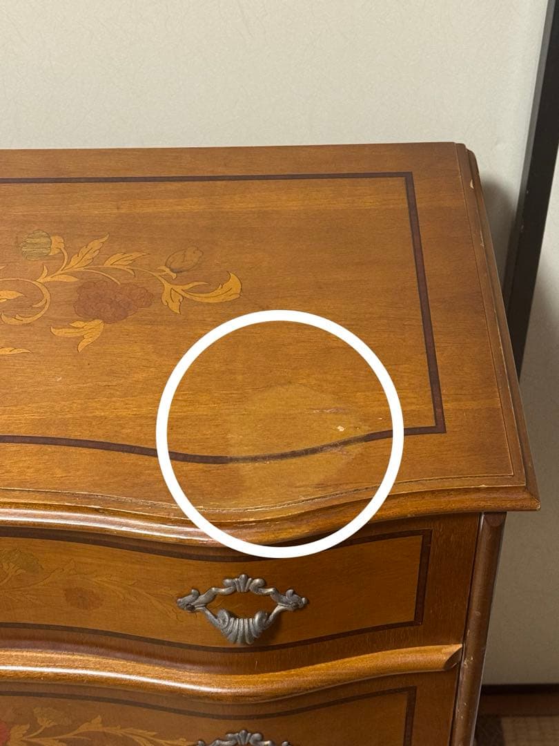 イタリア製3段チェスト 象嵌 猫脚 アンティーク