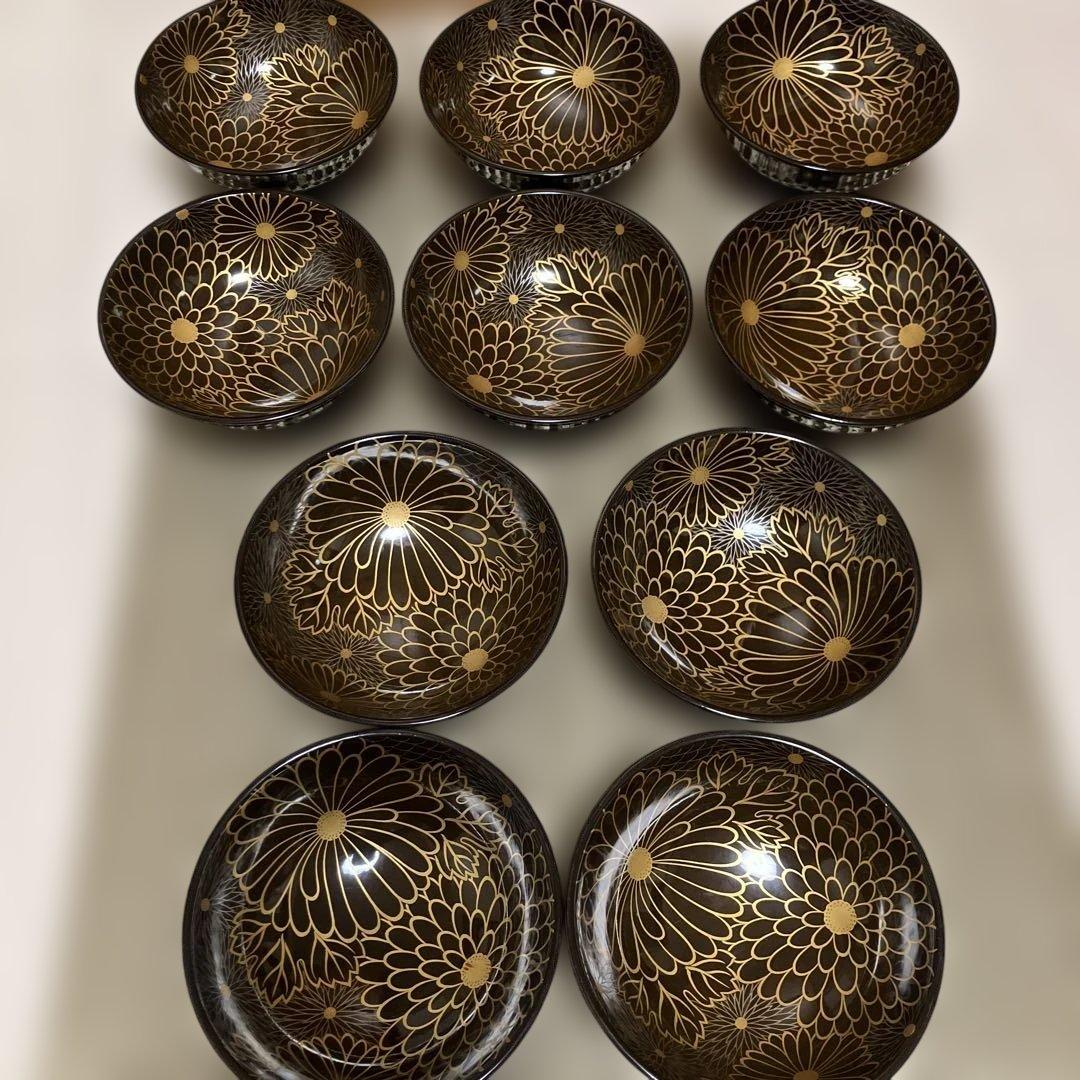 輪島塗椀　千鳥形菊蒔絵椀　煮物椀10客セット焦茶