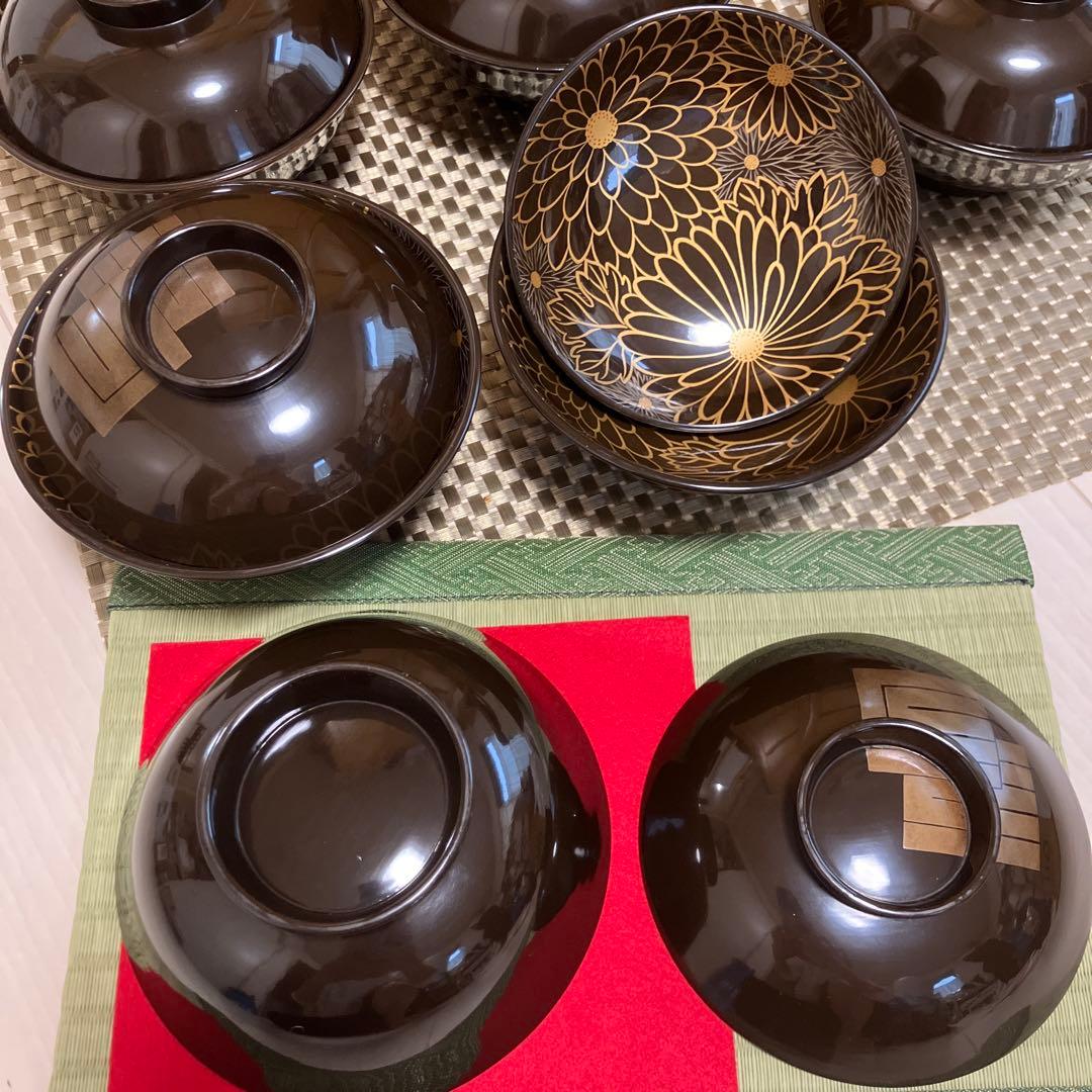 輪島塗椀　千鳥形菊蒔絵椀　煮物椀10客セット焦茶