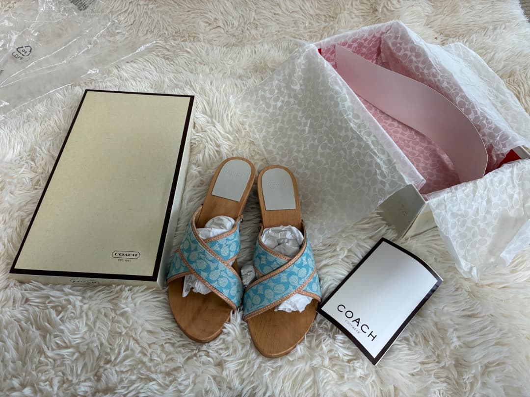 稀少　未使用品　ヴィンテージ　コーチシャロンブルー＆ブラウンレザー木製下駄