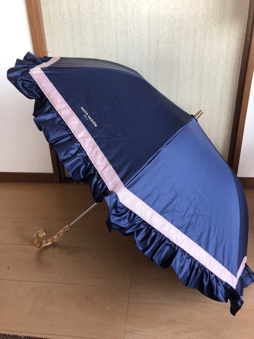 新品　Mila Schon 晴雨兼用傘　折りたたみ日傘　フリル ネイビー✖️ピンク