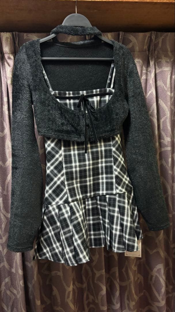 BunnyLisファーボレロ×チェックミニワンピ ブラック