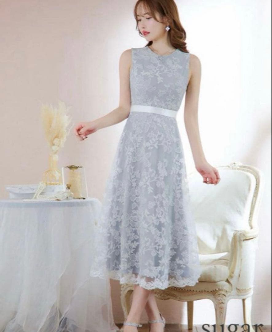 【定価29,700円】銀座クチュール　美品　ロングドレス　水色レース　2/9号