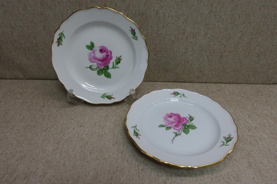 マイセン ピンクローズ 金彩プレート ペア スクラッチ
