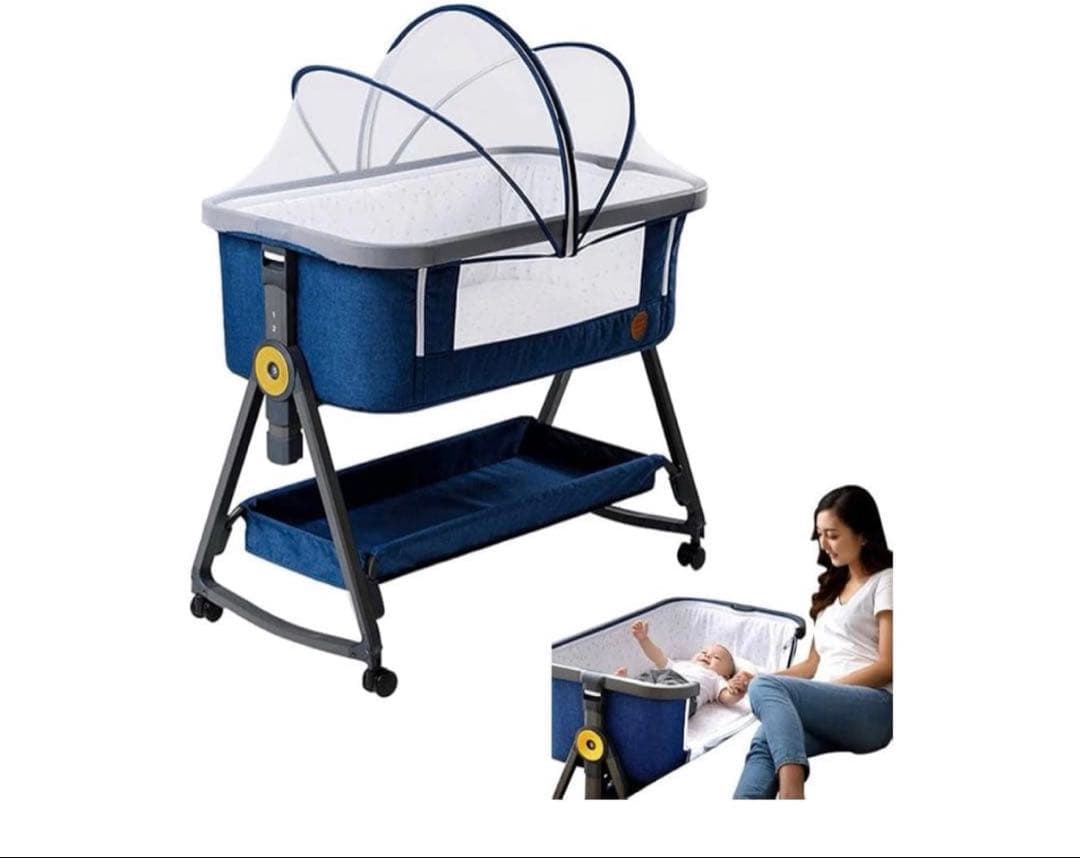 HZDMJベビーベッド ネイビー★マットレス・防水シーツ付き★