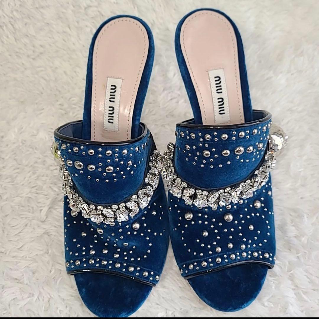 miumiu ブルーベルベット ミュール スタッズ クリスタル 装飾 美品 春夏