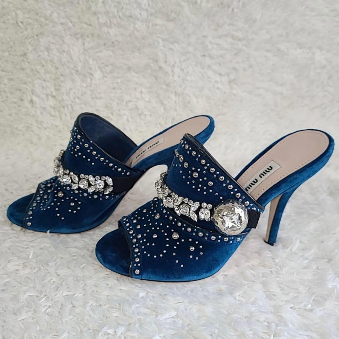 miumiu ブルーベルベット ミュール スタッズ クリスタル 装飾 美品 春夏