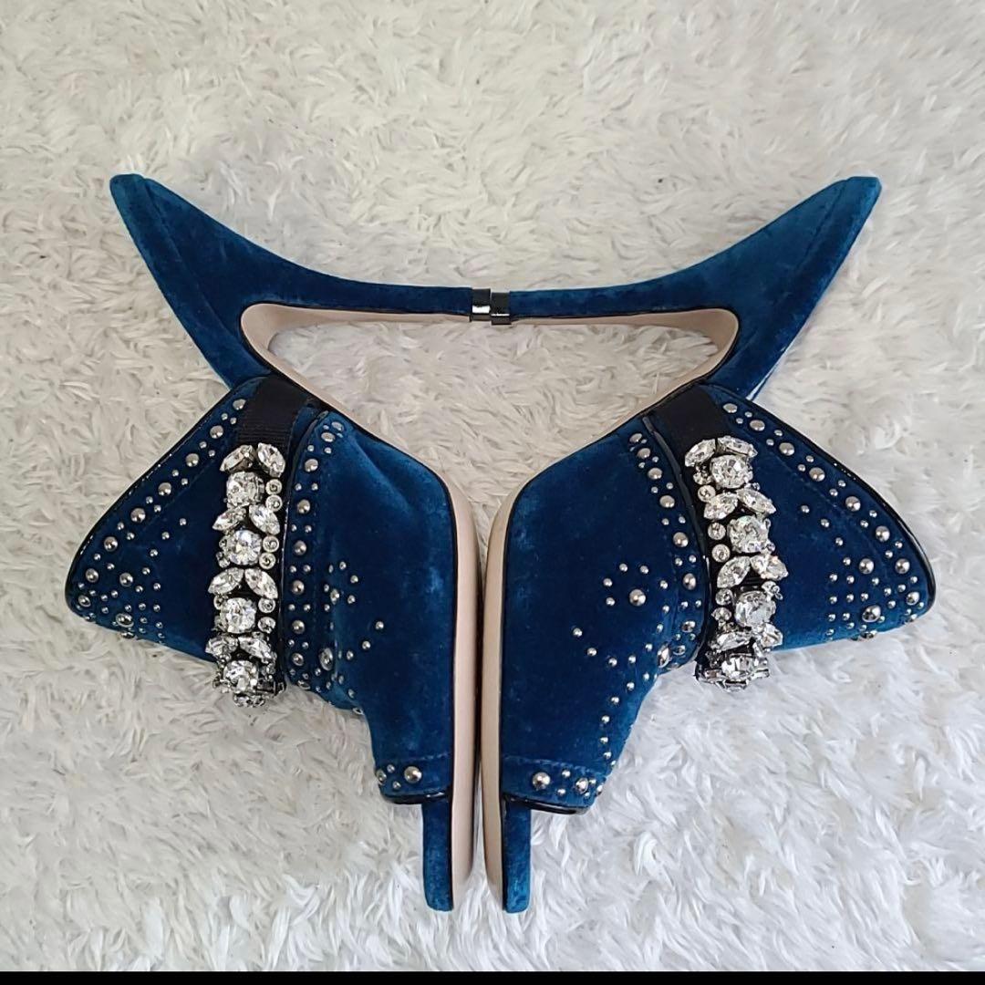 miumiu ブルーベルベット ミュール スタッズ クリスタル 装飾 美品 春夏