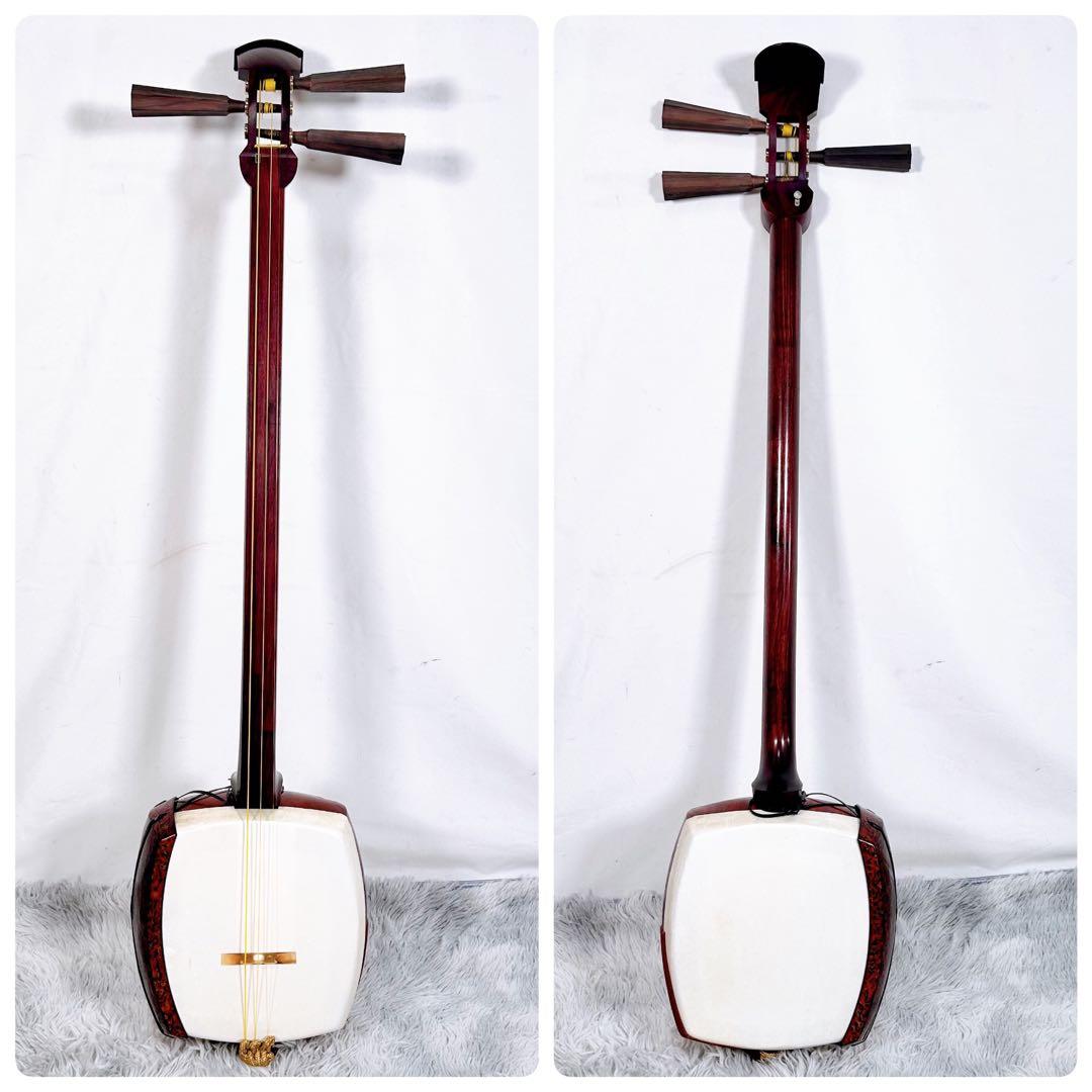 【希少】津軽三味線　紅木　太棹　東さわり付　本皮　皮やぶれなし　二本溝　宇柄