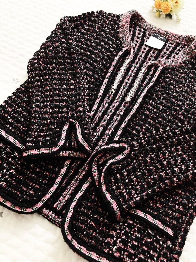 CHANEL ノーカラー　ツイードジャケット　黒ピンク　ココマーク