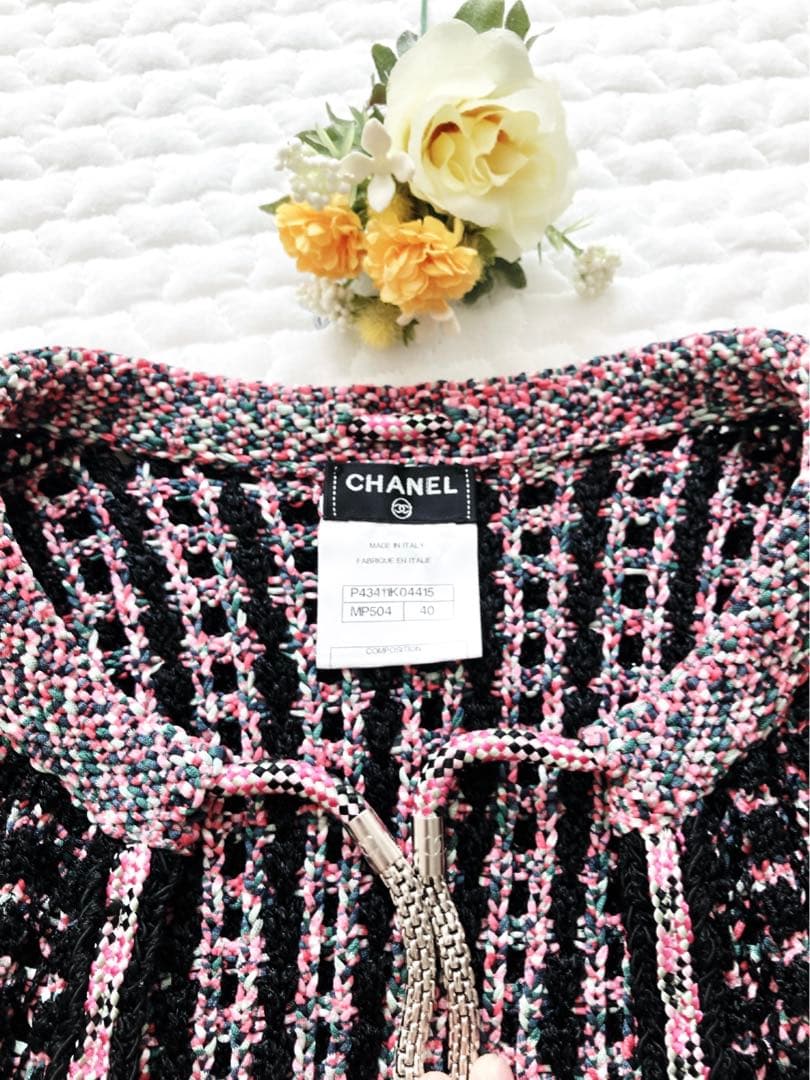 CHANEL ノーカラー　ツイードジャケット　黒ピンク　ココマーク