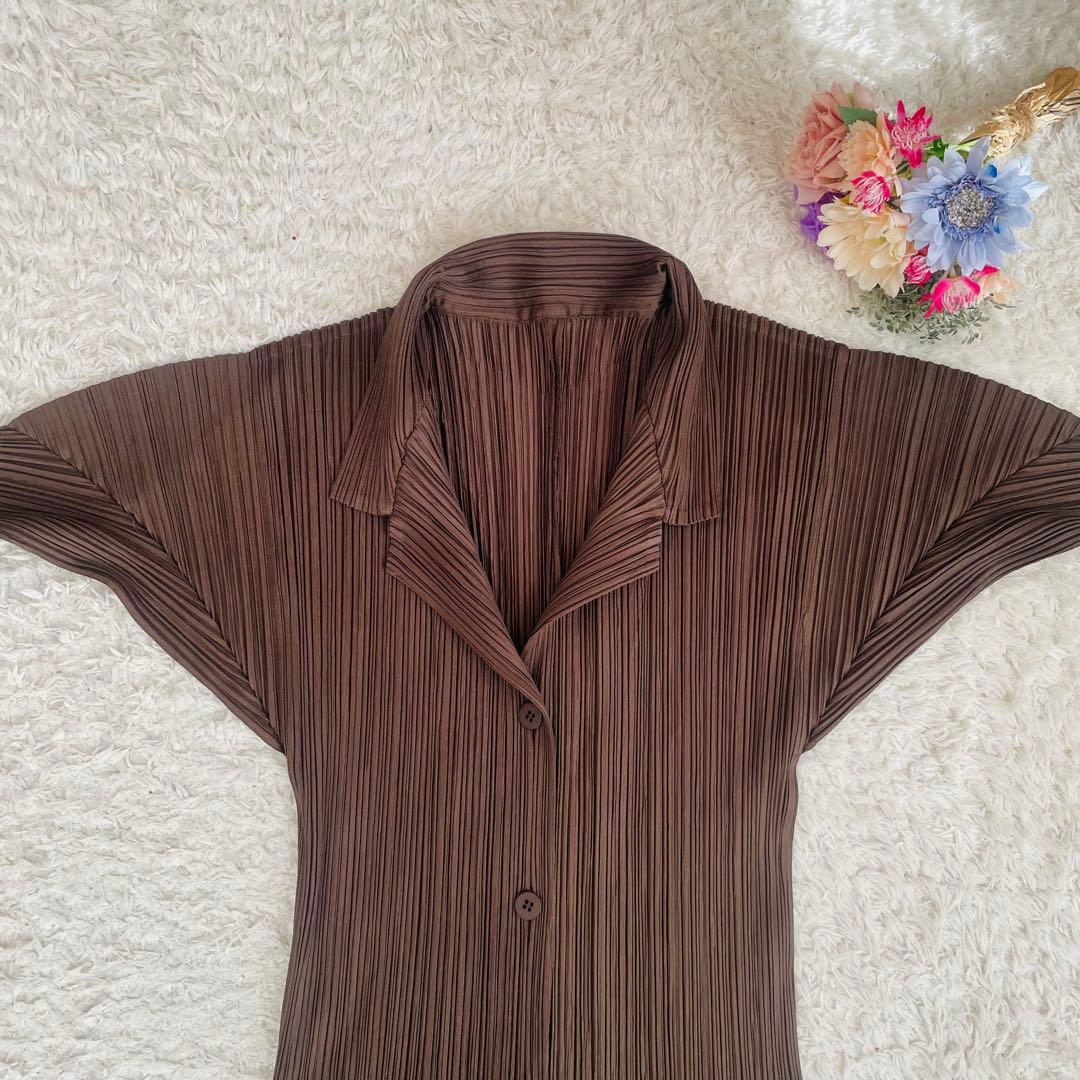人気✨プリーツプリーズ♡長袖ロングブラウス カーディガン ポケット付き　3 濃茶